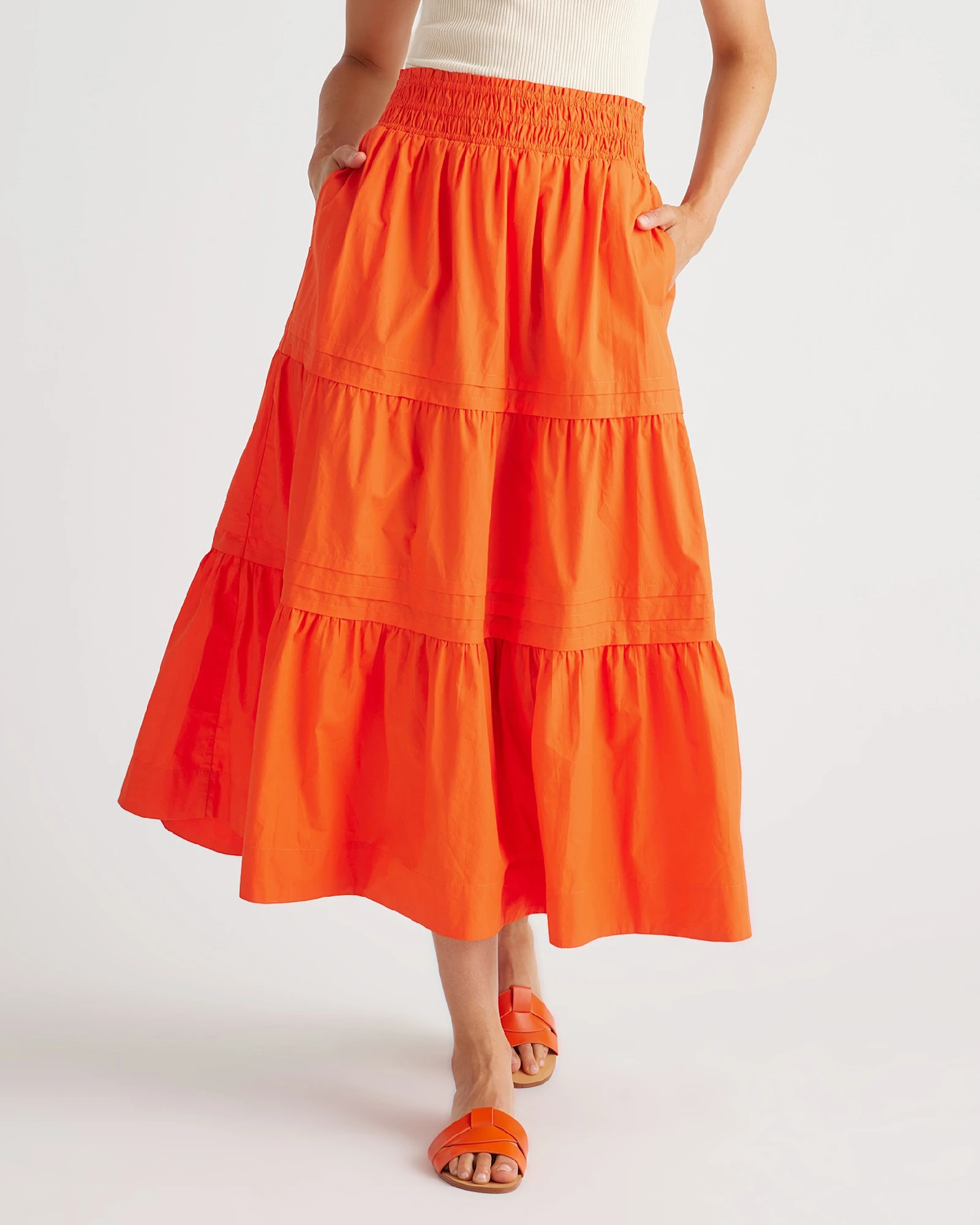 100% Organic Cotton Poplin Tiered Maxi Skirt in Vermilion Red | Quince