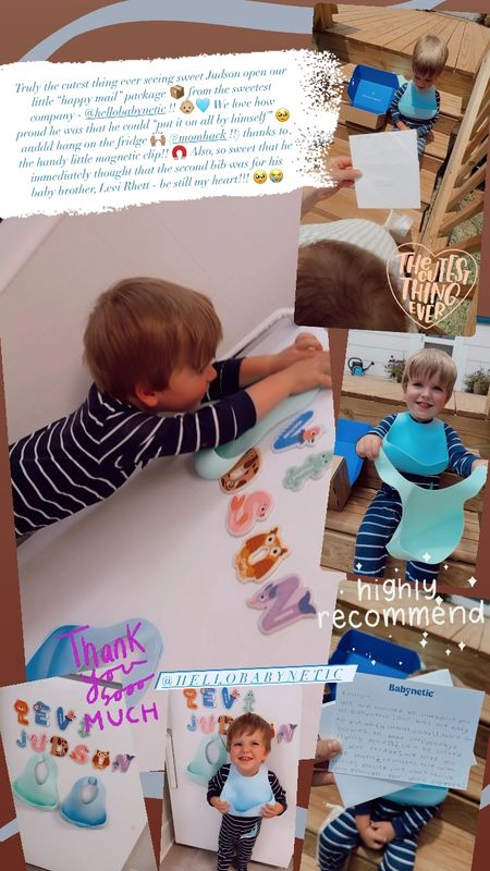Truly the cutest thing ever seeing sweet Judson open our little “happy mail” package 📦 from the sweetest company - @hellobabynetic !! 👶🏼🩵 We love how proud he was that he could “put it on all by himself” 🥹 anddd hang on the fridge 🙌🏽 (#momhack !!) thanks to the handy little magnetic clip!! 🧲 Also, so sweet that he immediately thought that the second bib was for his baby brother, Levi Rhett - be still my heart!!! 🥹😭

#LTKBaby #LTKHome #LTKFamily
