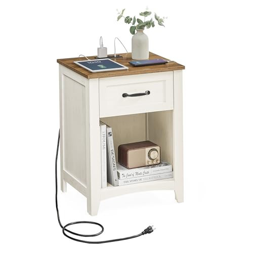 VASAGLE LIRY Collection - Farmhouse Nightstand with Charging Station, Bedside Table, Side Table with Drawer, Open Compartment, for Bedroom, Rustic White and Honey Brown ULET659K41 | Amazon (US)
