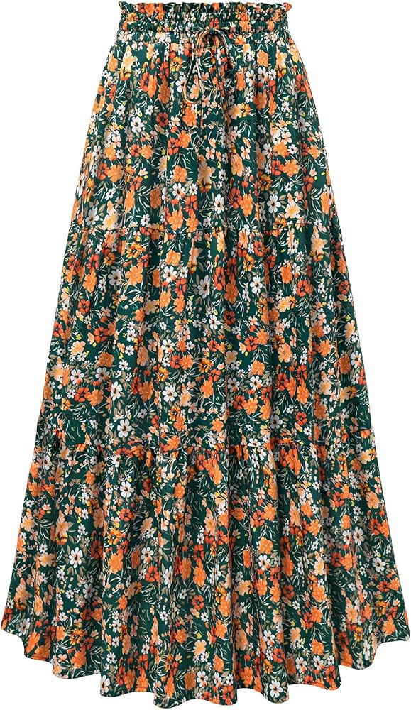 HUSKARY Women's Summer Long Maxi Flowy Tiered High Waist Trendy Ruffle Skirt with Pockets | Amazon (US)