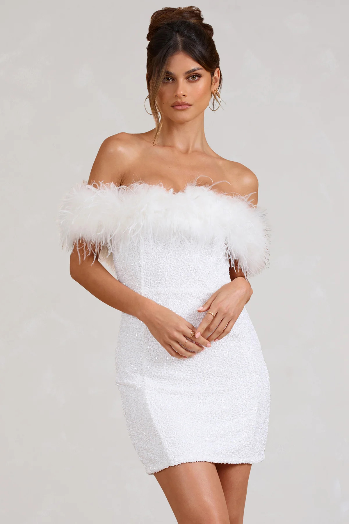 New Money | White Bodycon Sequin Mini Dress With Feather Trim | Club L London