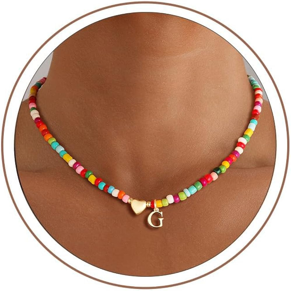 M MOOHAM Initial Necklace for Women Girls - Colorful Beaded Initial Necklace for Women 14K Gold P... | Amazon (US)