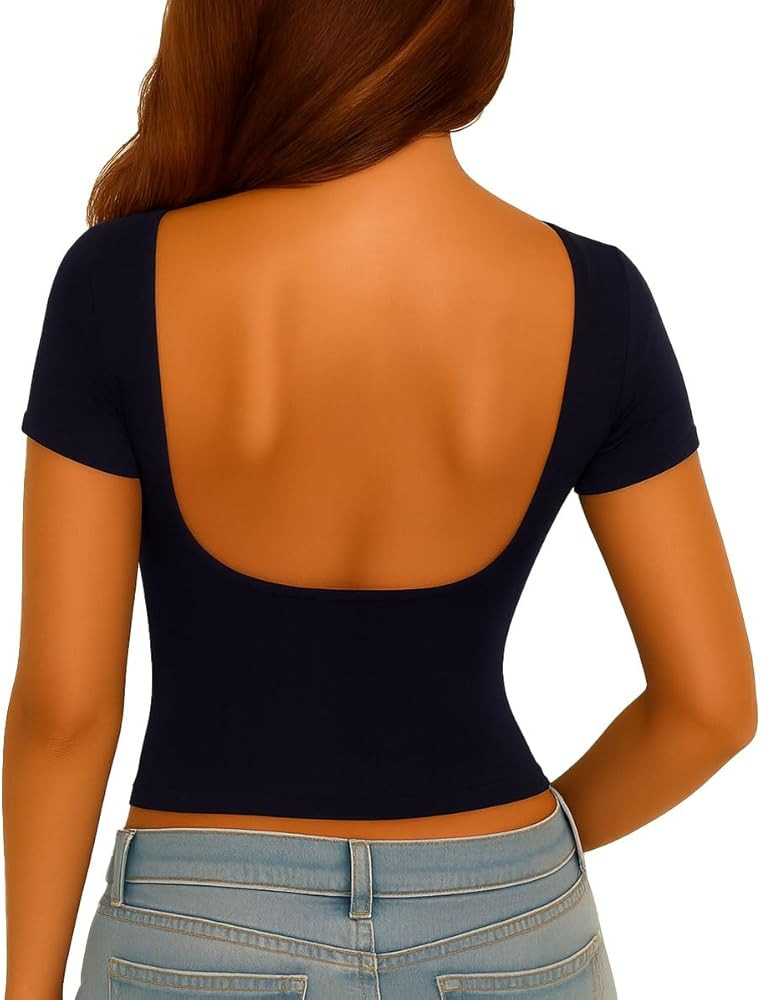 ForeFair Women Sexy Backless Going Out Tops Short Sleeve Slim Fit Summer Open Back Y2K Tops | Amazon (US)