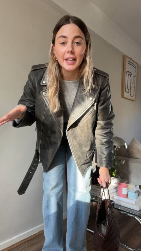 What I wore today - love these boyfriend wide leg jeans and oversized biker jacket in this distressed leather!  


#LTKeurope