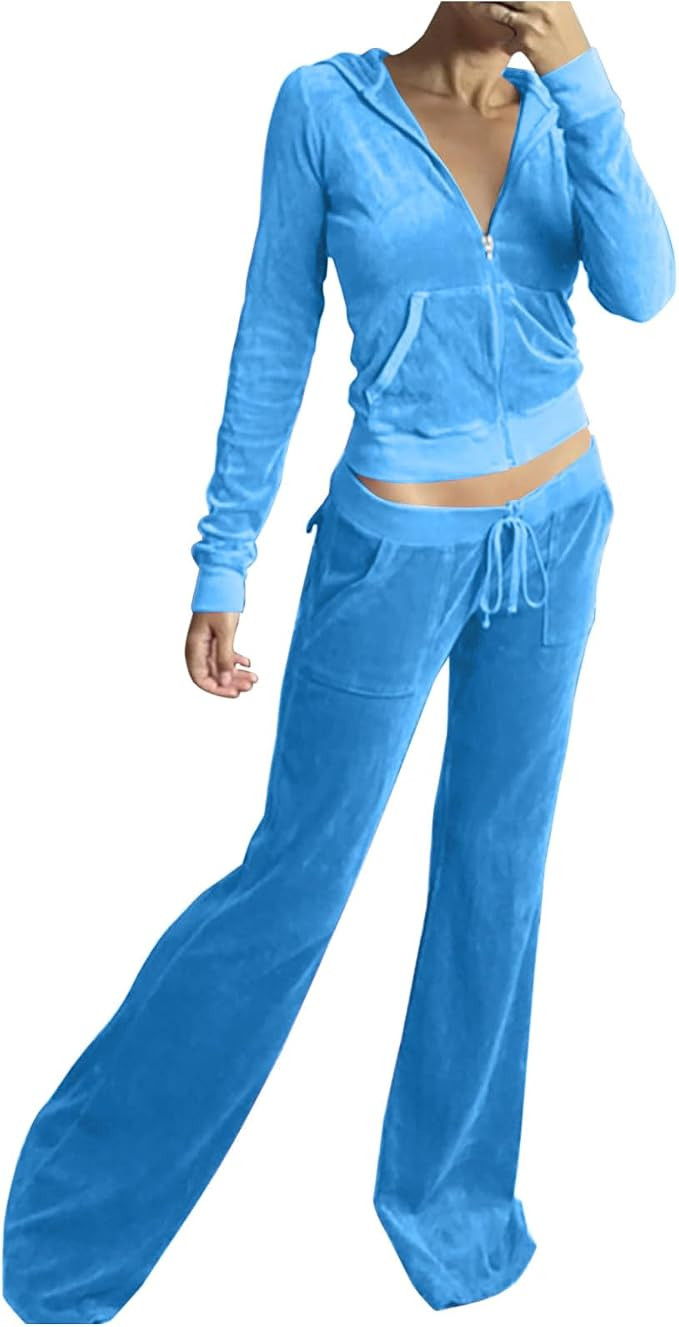Women Velour Sweat Suits 2 Piece Outfits Tracksuits Long Sleeve Zip Up Hooded Jacket Wide Leg Pan... | Amazon (US)