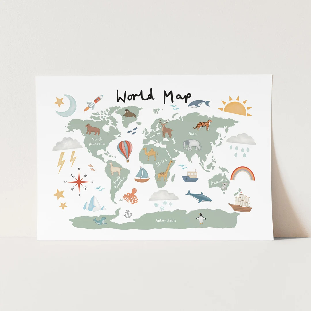 World Map print in green and white, nursery wall art, nursery poster, wall decor, modern art prin... | Etsy (US)