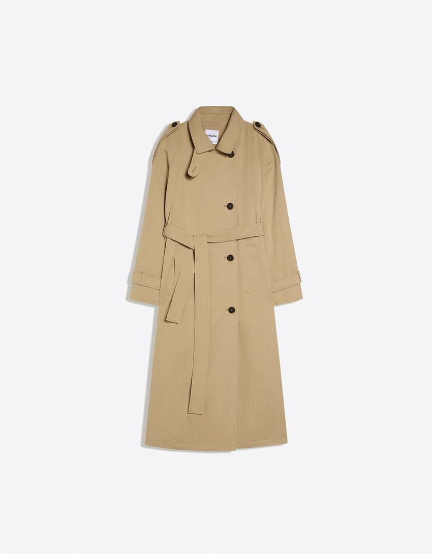 Long trench coat with belt - Jackets and trench - Women | Bershka UK