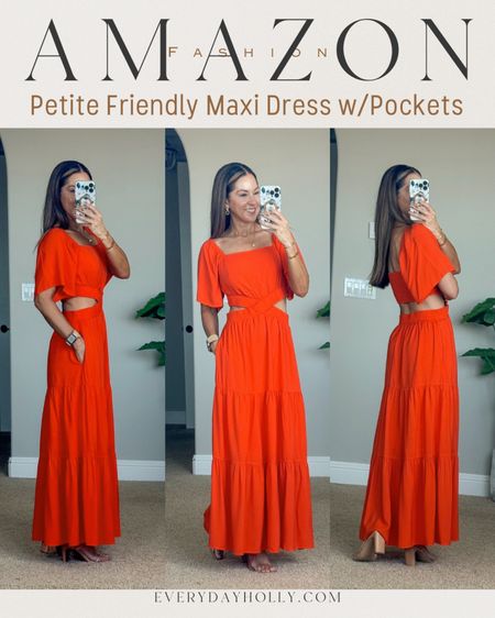 💥Sale! 16% off Amazon Petite friendly summer maxi dress with pockets size small in burntorange. side cutouts, Backless, square neck, sleeves. LOVE this dress! 💥40% off My favorite 2 strap heels, and 💥10% off gold necklace and earrings. Party dress, vacation dress, resort wear, beach dress, cruise wear, over 40 outfit, Everyday Holly

#LTKSaleAlert #LTKStyleTip #LTKFindsUnder50