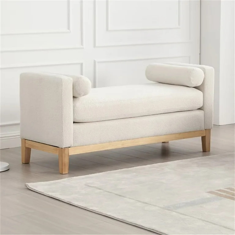 End of Bed Bench, 53.5" Boucle Fabric Upholstered Entryway Bench with Wood Legs & Bolster Pillows... | Walmart (US)