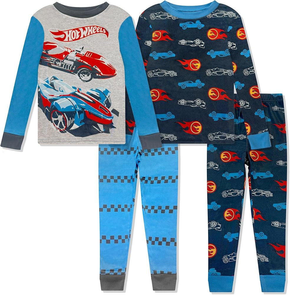 Hot Wheels 4 Piece Boys Pajama Set - Long Sleeve Shirt & Pants Soft Tight Fit PJs, Kids Toddler S... | Amazon (US)
