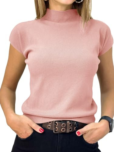 Saodimallsu Womens Short Sleeve Sweater Mock Neck Summer Casual Basic Knit Slim Fitted Pullover T... | Amazon (US)