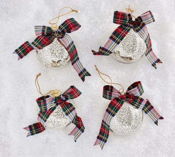Mercury Glass Ball Ornaments with Plaid Bows - Set of 4 | Pottery Barn (US)