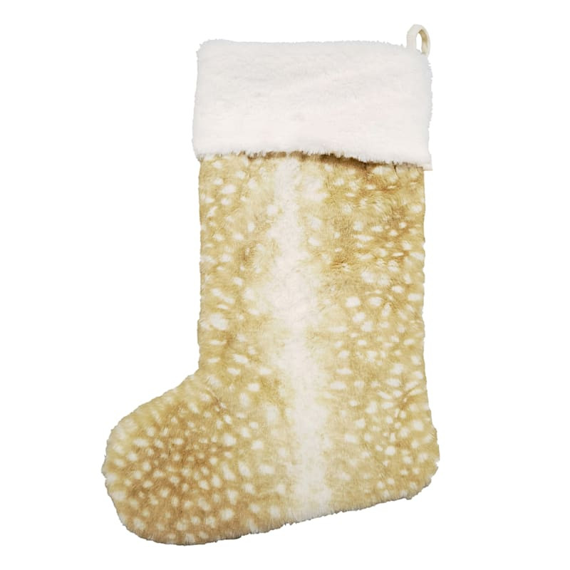 Deer Print Faux Fur Stocking with White Cuff, 19" | At Home