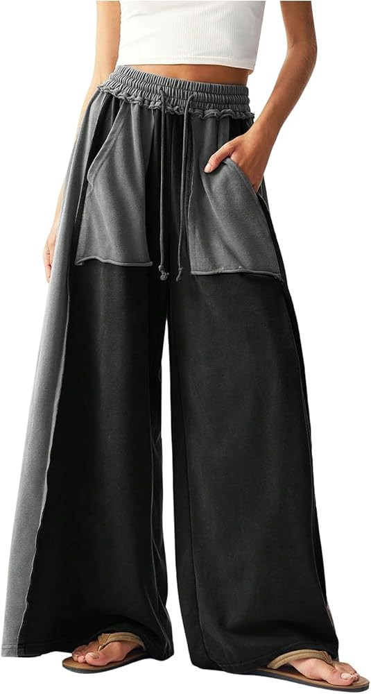 Women's Baggy Sweatpants Color Block Patchwork Wide Leg Sweat Pants Palazzo Flowy Pants Joggers | Amazon (US)