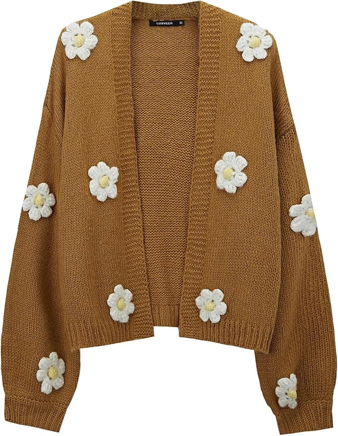 Womens Floral Cropped Cardigan Trendy Fall Y2K Puff Long Sleeve Open Front Button V Neck Knit Swe... | Amazon (US)