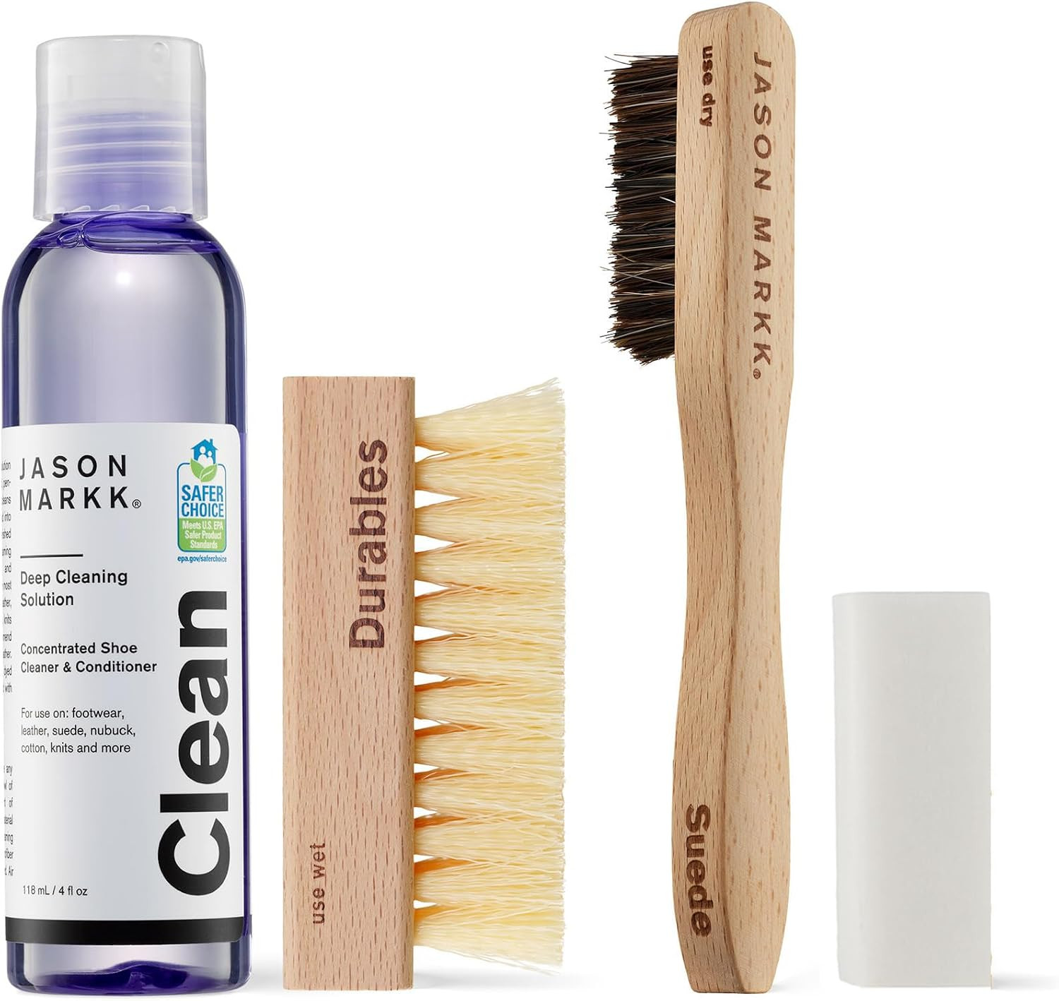 Jason Markk Suede Essentials Bundle, 4-Piece Shoe & Sneaker Care Set, 4oz Deep Cleaning Solution, Two Brushes, & Suede Stain Eraser, Safe for Leather, Nubuck, Cotton, Knits, and More | Amazon (US)