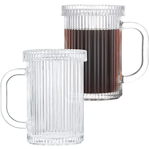 2 Pieces Clear Glass Coffee Mugs with Glass Lids Vintage Vertical Stripes Tea Mug Classic Ribbed Glasses with Handles Clear Coffee Cups for Espresso Latte Anniversary Xmas 14 oz (Clear) | Amazon (US)