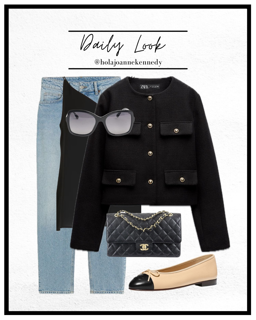 straight leg jeans, light wash denim, black cami top, gold button jacket, Chanel ballet flats, Chanel classic flap bag, oversized sunglasses, monochrome outfit, spring outfit, classy casual style, effortless chic, old money aesthetic

#LTKuk #LTKspring #LTKstyletip
