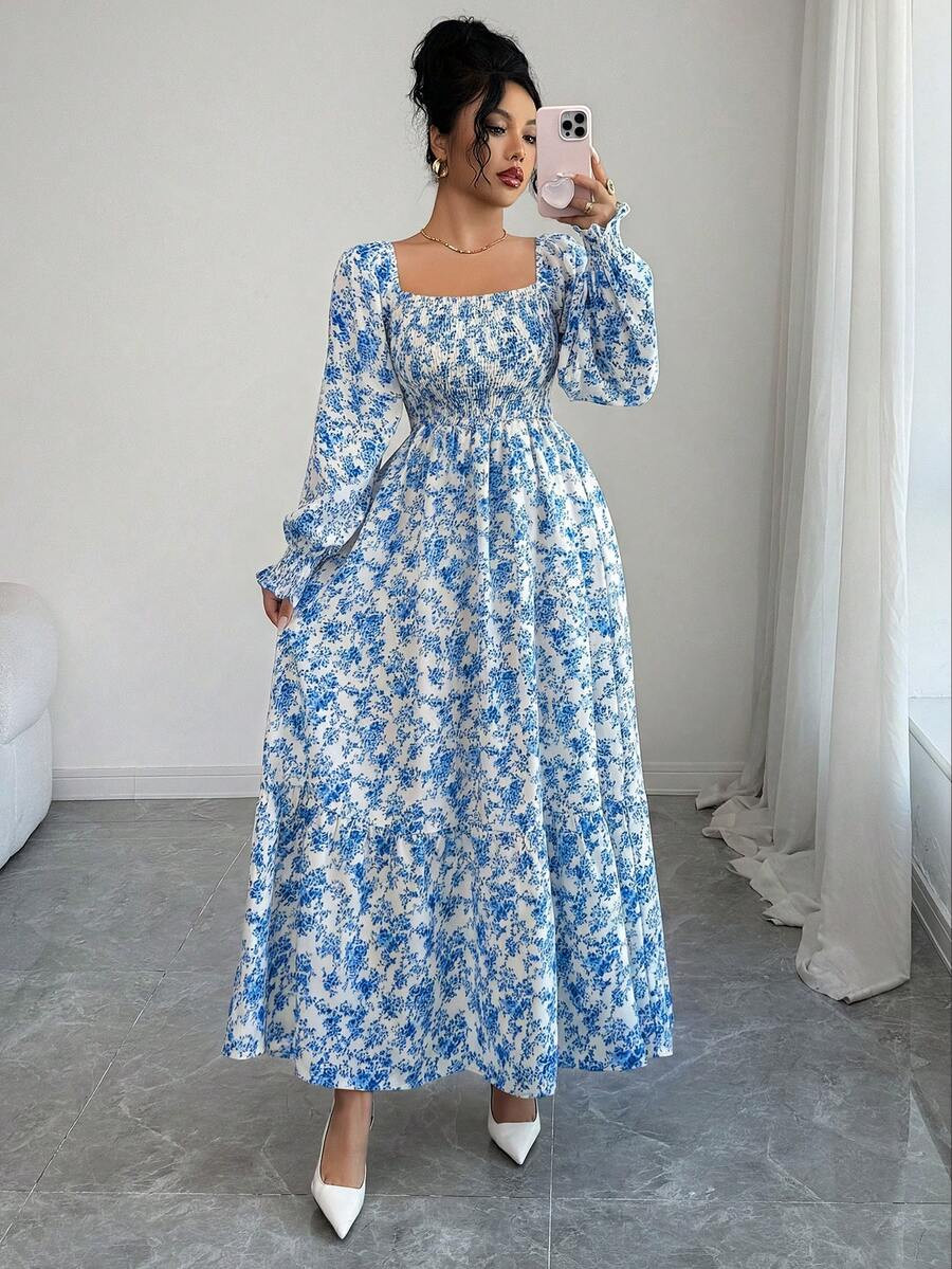 Selianne Allover Floral Print Square Neck Bishop Sleeve Dress Maxi Women Outfit | SHEIN