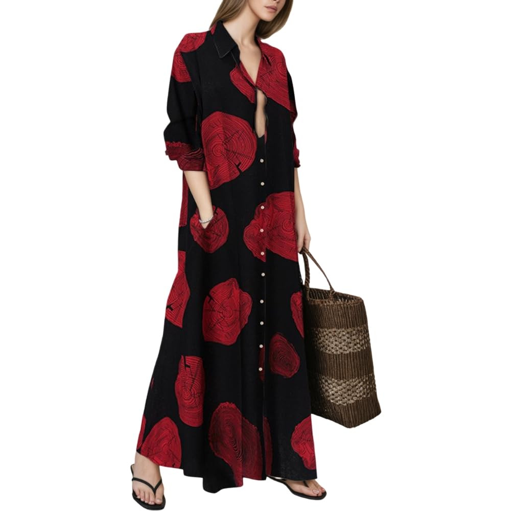 TIAFORD Women's Casual Button Down Cotton Linen Maxi Dress Long Sleeve Lapel Loose Plus Size Shir... | Amazon (US)
