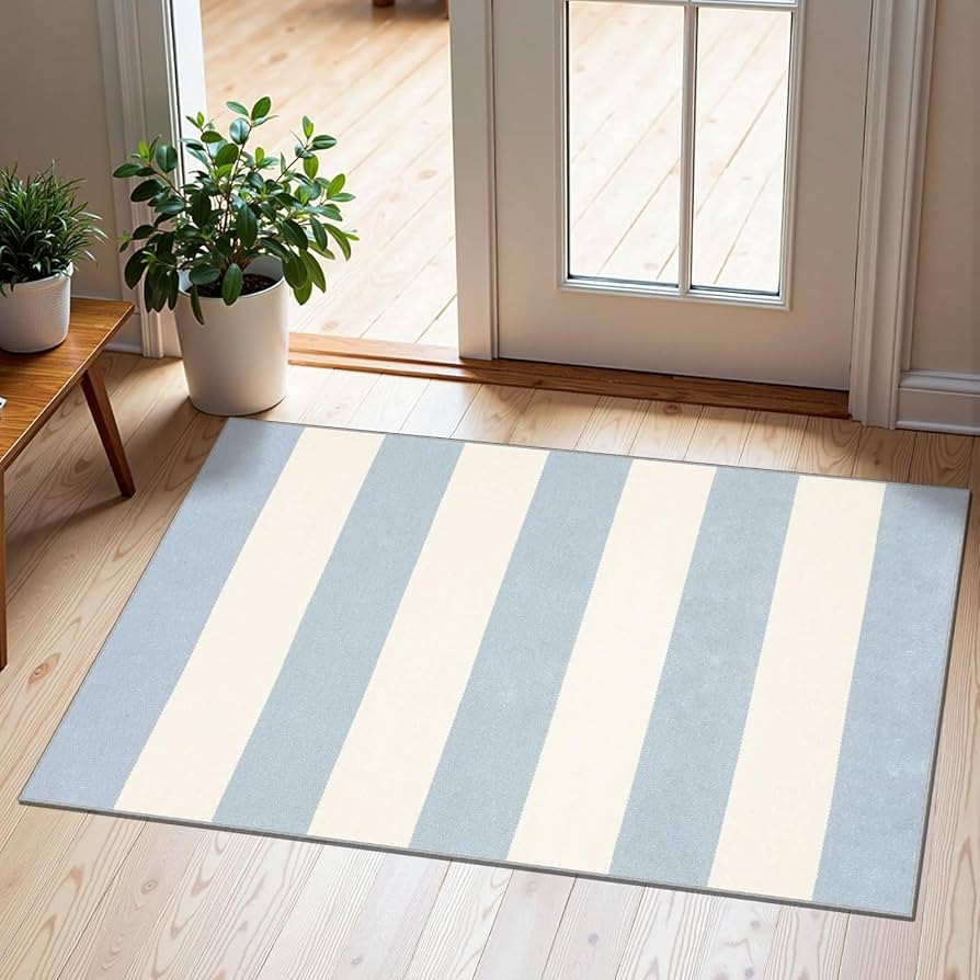 Front Door Mat Outside Entrance - 2x3 Sky Blue White Non-Slip Washable Doormat Indoor Outdoor Entrance Striped Rug Small Throw Rugs for Entryway Bedroom Kitchen Laundry Room Summer Porch Decor | Amazon (US)
