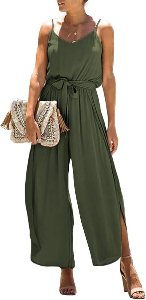 Happy Sailed Womens Jumpsuits Casual Spaghetti Strap Wide Leg Split Belted Jumpsuit Long Pants Rompe | Amazon (US)