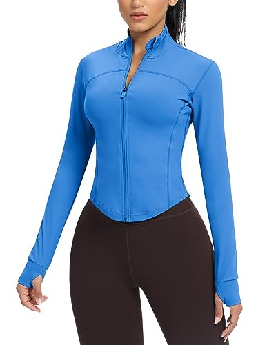 AVGO Women's Cropped Running Workout Jackets Zip Slim Fit Athletic Tops with Thumb Holes | Amazon (US)