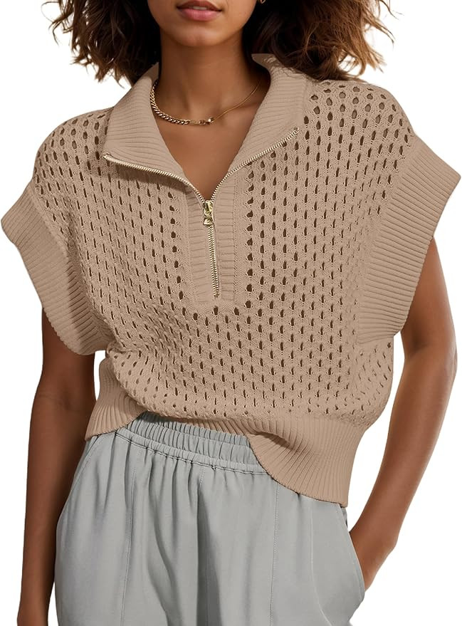 Womens Oversized Crochet Zip Sweater Vest Cap Sleeve Sweater Tops Casual Lapel Collar See Through... | Amazon (US)