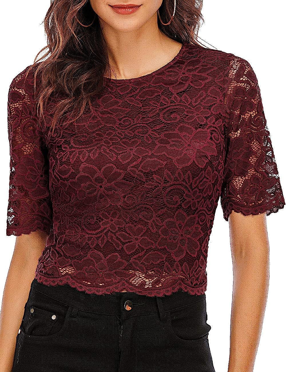 Women's Floral Lace Top, Cute Casual Blouse, Zipper Back & Eyelash Hem, Semi Sheer | Amazon (US)