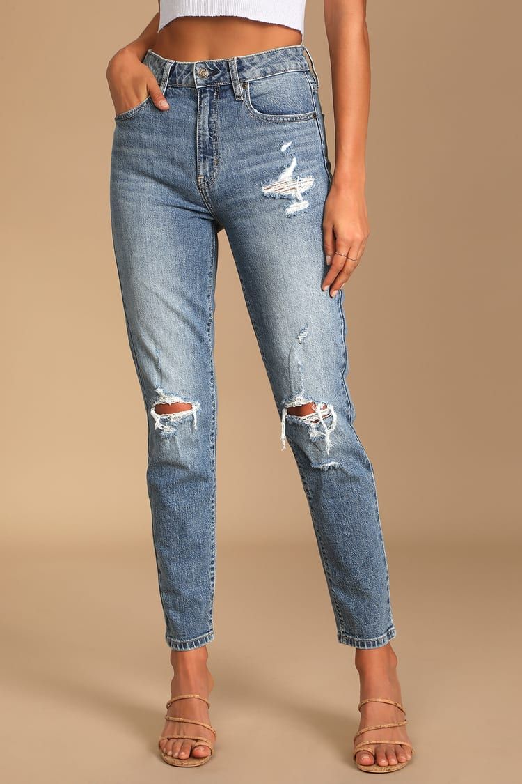 Tobi Medium Wash High Rise Distressed Denim Mom Jeans | Lulus