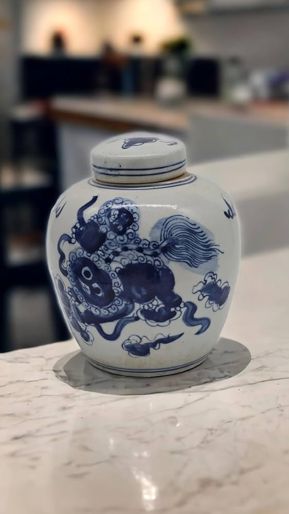 Retro Antique Like Style Blue and White Porcelain Lion Dancing Ceramic Covered Ginger Jar Vase, C... | Amazon (US)