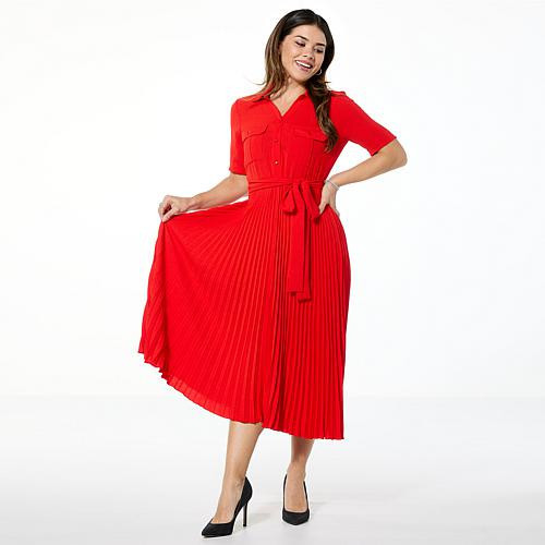 Nina Leonard Collared Shirt Dress with Pleated Skirt - Red - Size X-Large | HSN