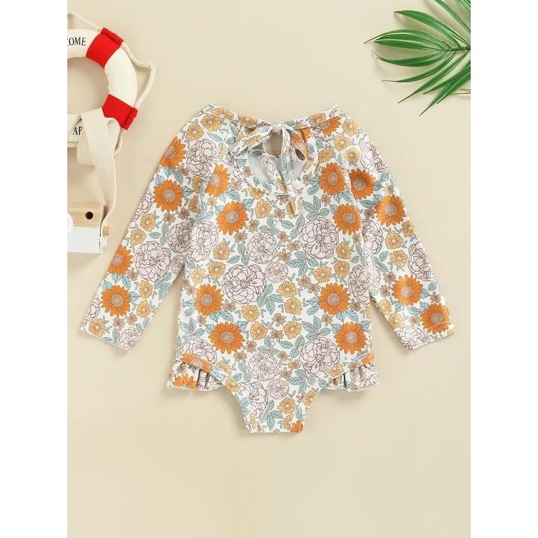 TheFound Baby Toddler Girl Long Sleeve Swimsuit Rashguard Swimwear Ruffled One Piece Bathing Suit | Walmart (US)