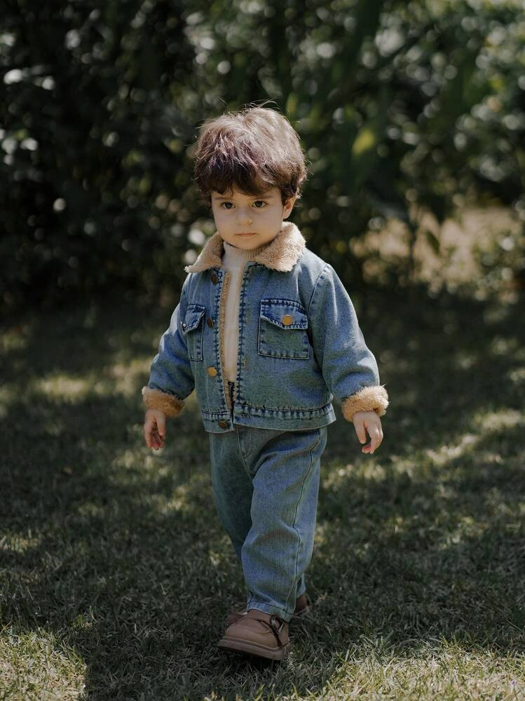 Baby Boy Fall/Winter Fashionable Warm Denim Thermal Lined Jacket With Opening Front, Suitable For... | SHEIN