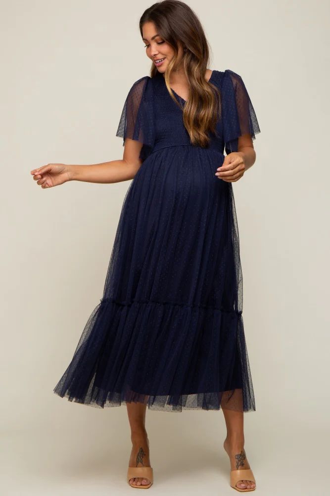 Navy Blue Dotted Tulle Smocked Maternity Midi Dress | PinkBlush Maternity