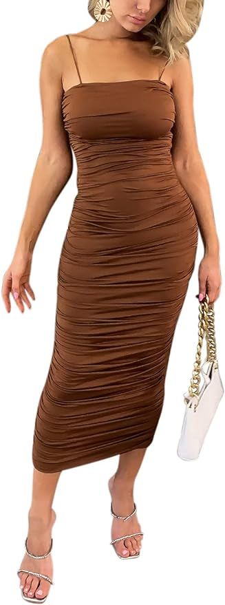 Yissang Women's Sexy Ruched Spaghetti Strap Sleeveless Bodycon Midi Long Party Club Dress | Amazon (US)