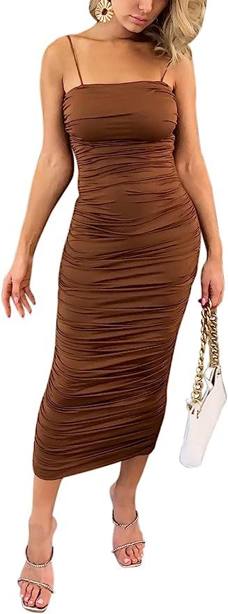 Yissang Women's Sexy Ruched Spaghetti Strap Sleeveless Bodycon Midi Long Party Club Dress | Amazon (US)