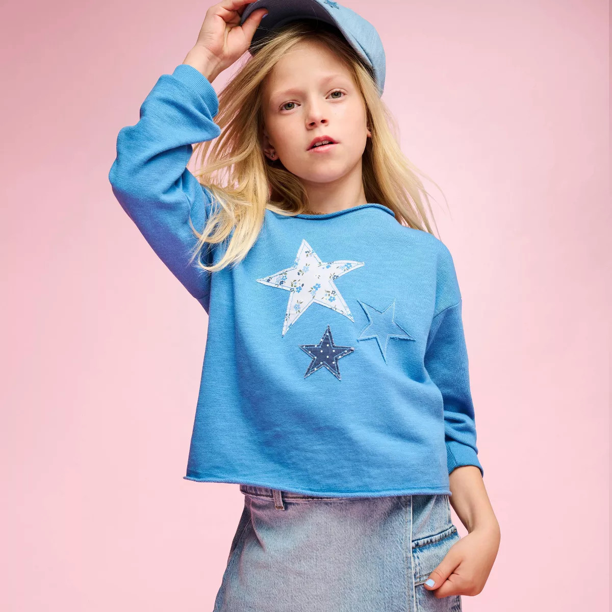 Girls' French Terry 100% Cotton Off The Shoulder 'Star Patches' Graphic Pullover Sweatshirt - Cat... | Target