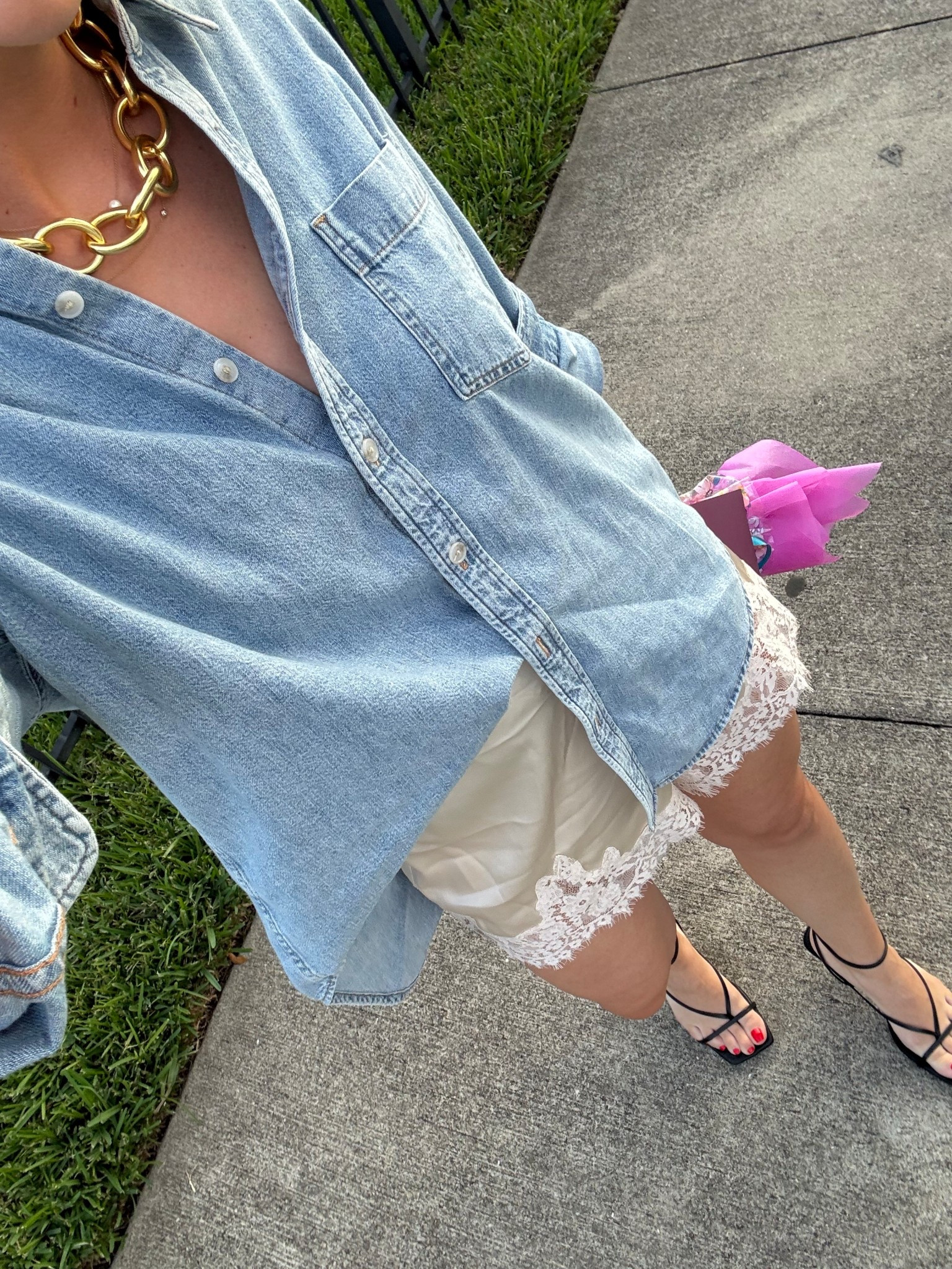 Satin lace shorts; s in top, m in bottom, Amazon shoes tts; happy hour outfit