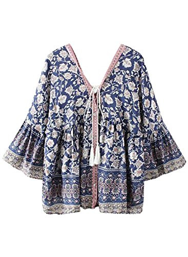 Futurino Women's Floral Print Boho Peasant Ruffle Sleeve Blouse Shirt Crop Top | Amazon (US)