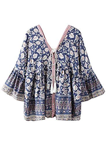 Futurino Women's Floral Print Boho Peasant Ruffle Sleeve Blouse Shirt Crop Top | Amazon (US)
