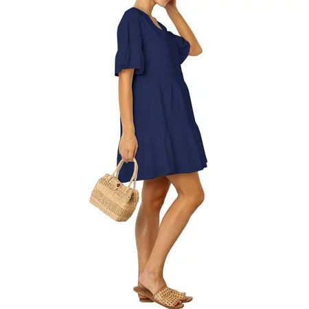 FANCYINN Women Summer Shift Dress with Pockets Fully Lined Bell Sleeve Ruffle Hem V Neck Loose Swing | Walmart (US)