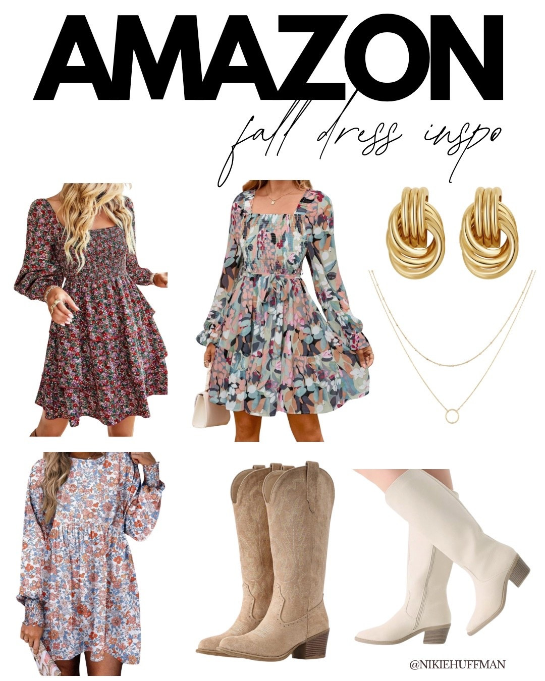 Fall vibe inspo, all from Amazon! 🍂 

Loving these transitional fall floral dresses paired with a taller boot and gold accessories. These are all definitely my vibe! 🤎

#fall #fallootd #falldrees #floraldress #tallboots 

#LTKShoeCrush #LTKSeasonal #LTKStyleTip