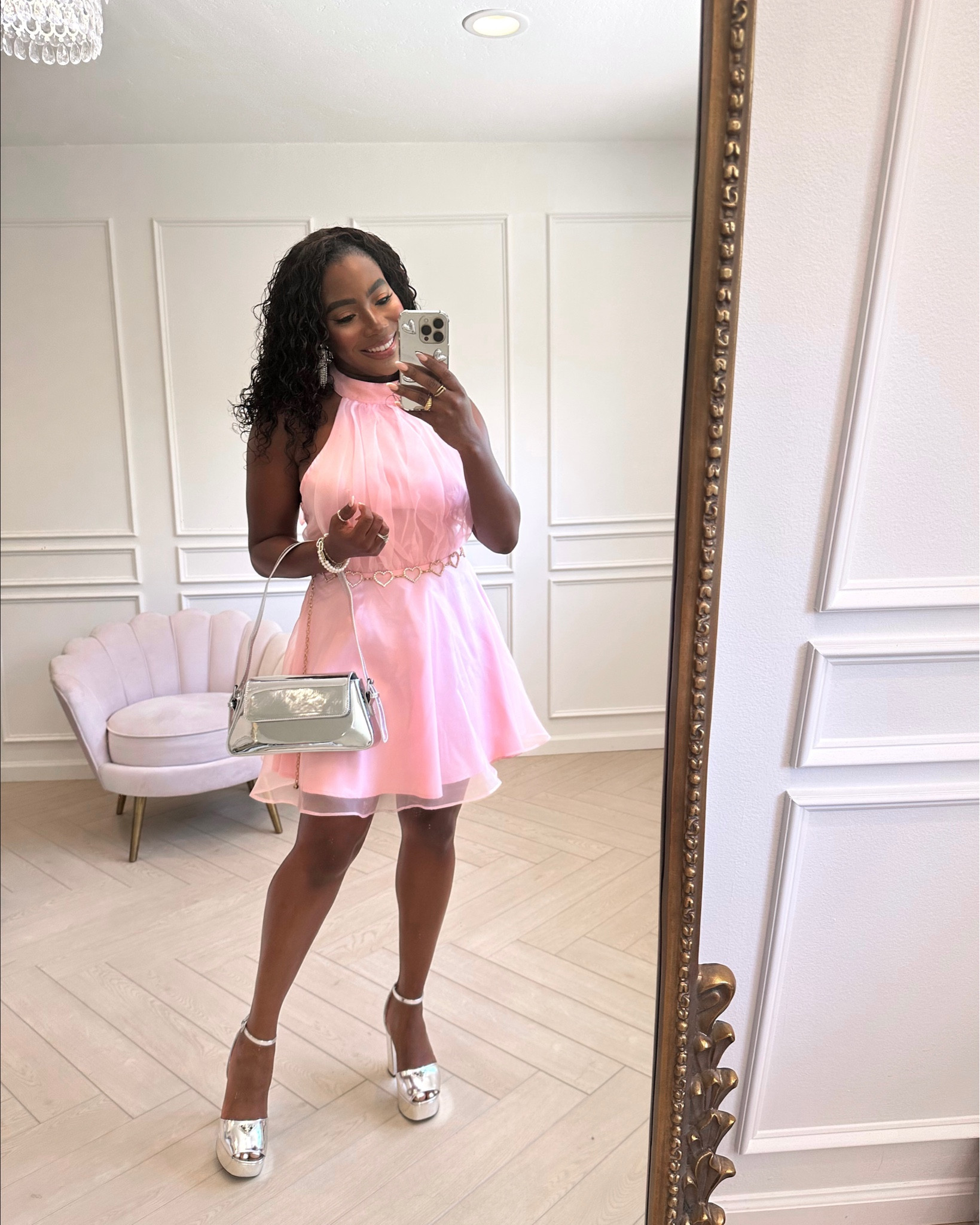 Barbie movie outfit, pink outfit, pink dress, Whitney wiley, lane 201, halter dress, wedding guest dress, prada, shoes, platform heels, metallic heels, silver heels silver accessories, summer sandals, amazon accessories, silver bag, silver purse 

#LTKshoecrush #LTKwedding #LTKitbag