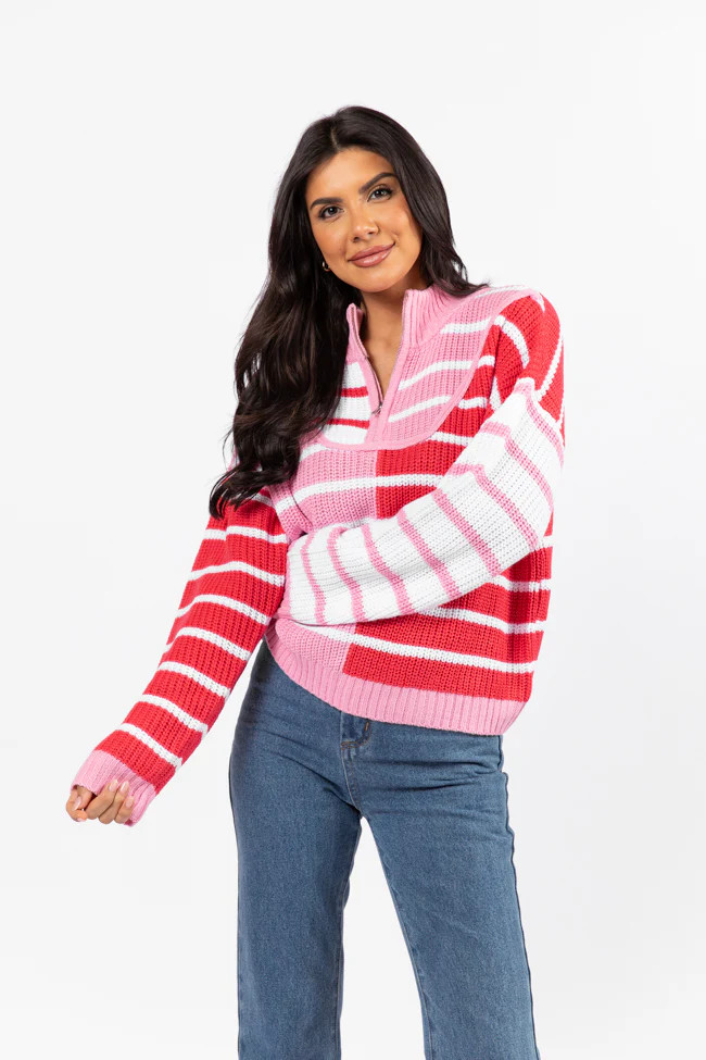 Worth Melting For Striped Color Block Quarter Zip Pullover Sweater | Pink Lily