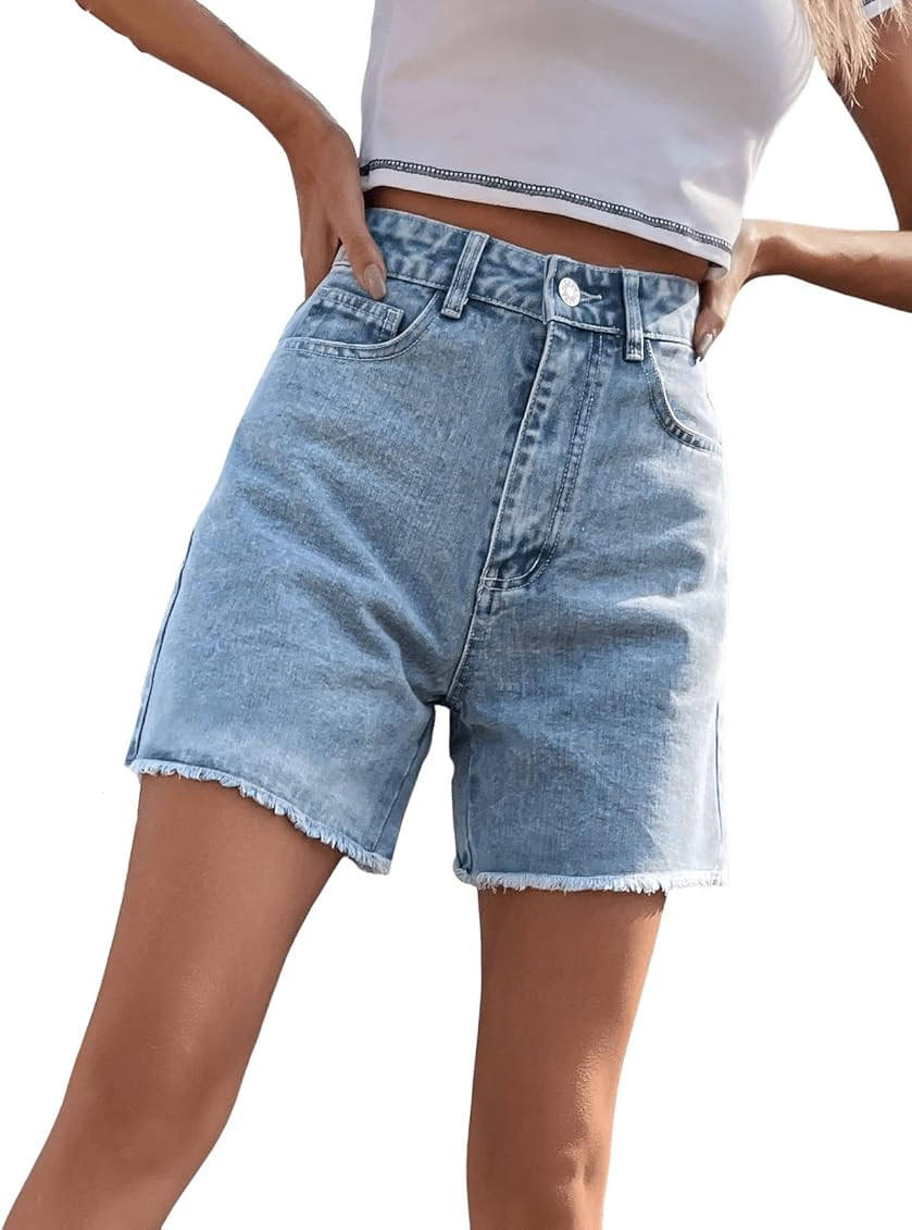 SweatyRocks Women's High Waist Denim Shorts Straight Leg Raw Hem Jean Shorts Summer Hot Pants with P | Amazon (US)