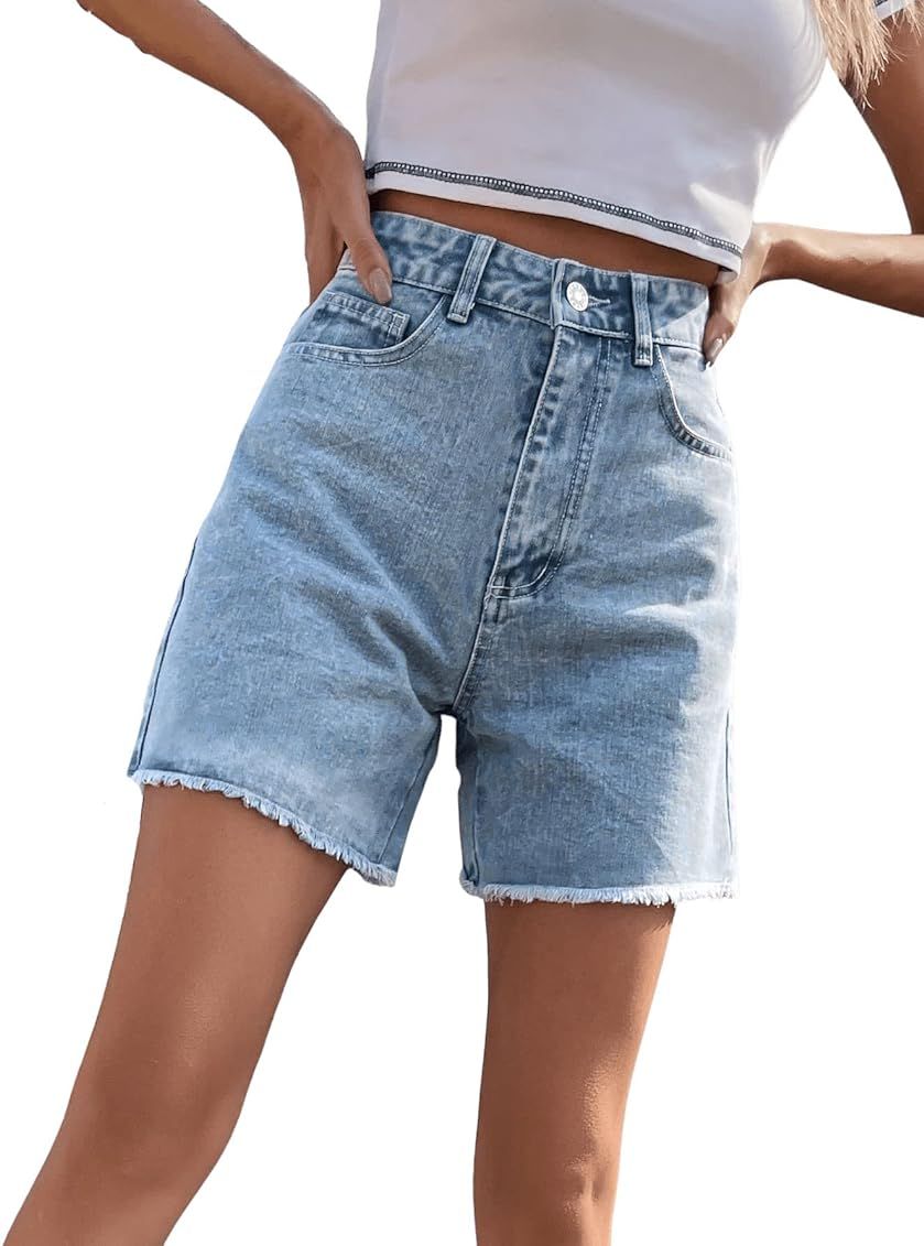SweatyRocks Women's High Waist Denim Shorts Straight Leg Raw Hem Jean Shorts Summer Hot Pants with P | Amazon (US)
