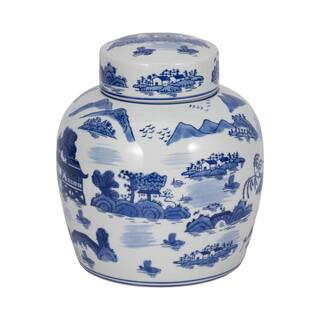 Liv & Skye 9 in. Blue Ceramic Rounded Chinoiserie Jar with Lid 16421-02 - The Home Depot | The Home Depot
