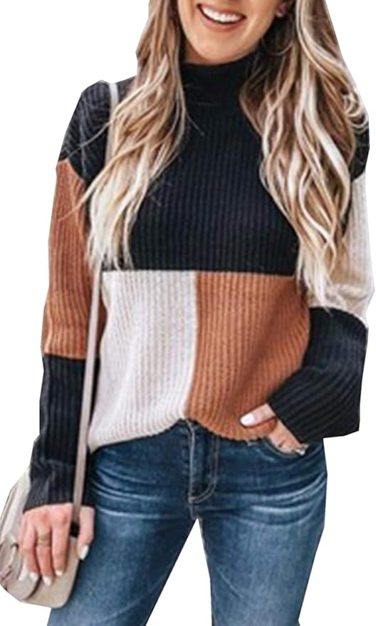 Angashion Women Sweaters-Oversized Chunky Knit Color Block Drop Shoulder Batwing Sleeve Pullover ... | Amazon (US)