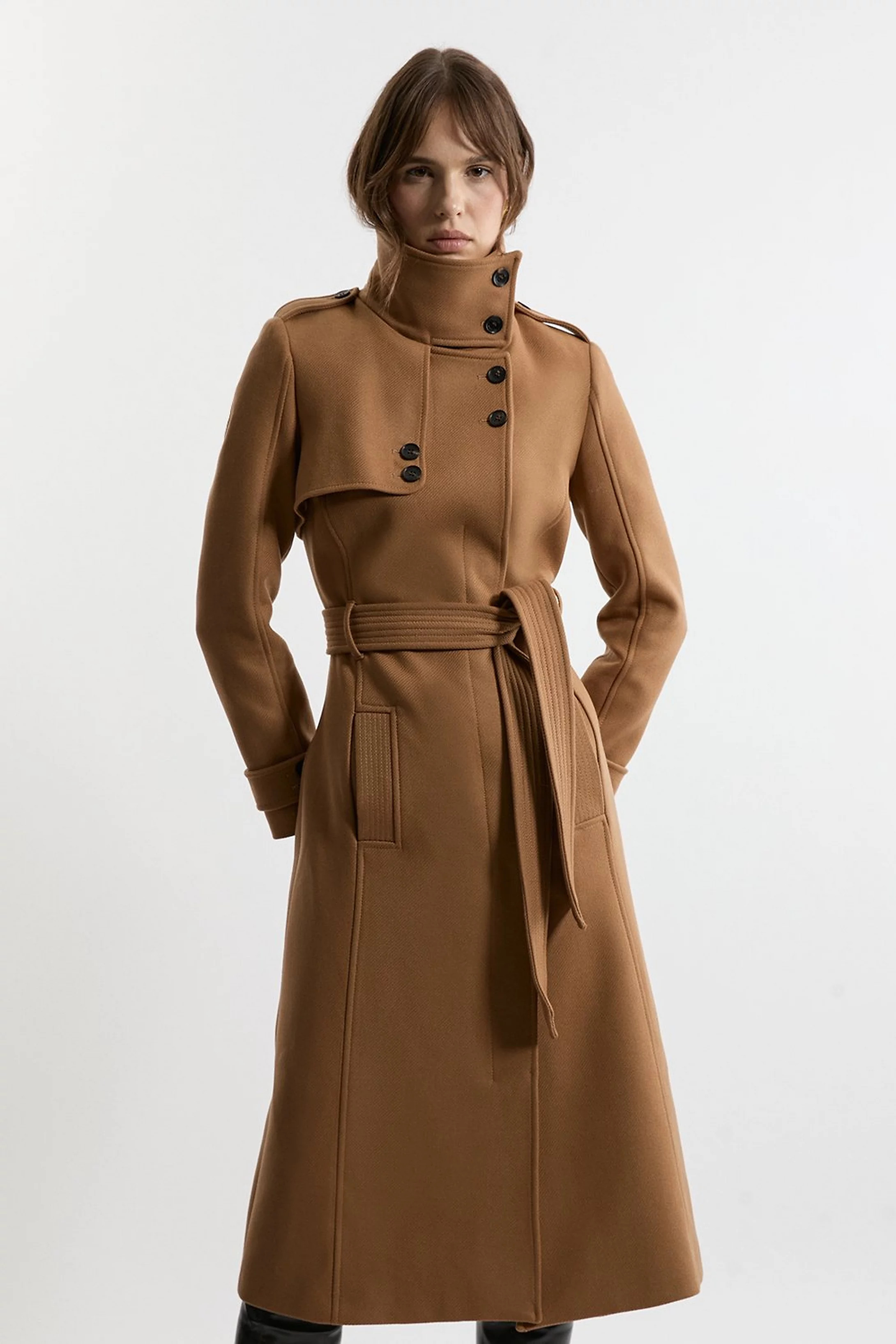 Premium ltalian Manteco Wool Belted Funnel Neck Tailored Midaxi Coat | Karen Millen UK + IE + DE + NL